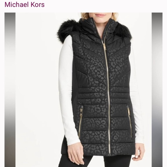 Michael Kors Jackets & Blazers - Michael Kors Black Quilted Leopard-Print Faux Fur-Trim Vest